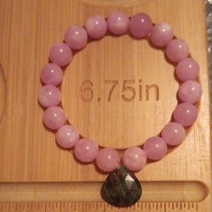 Pink Kunzite Stretch Bracelet with Ruby Zoisite Teardrop Gemstone Pendant